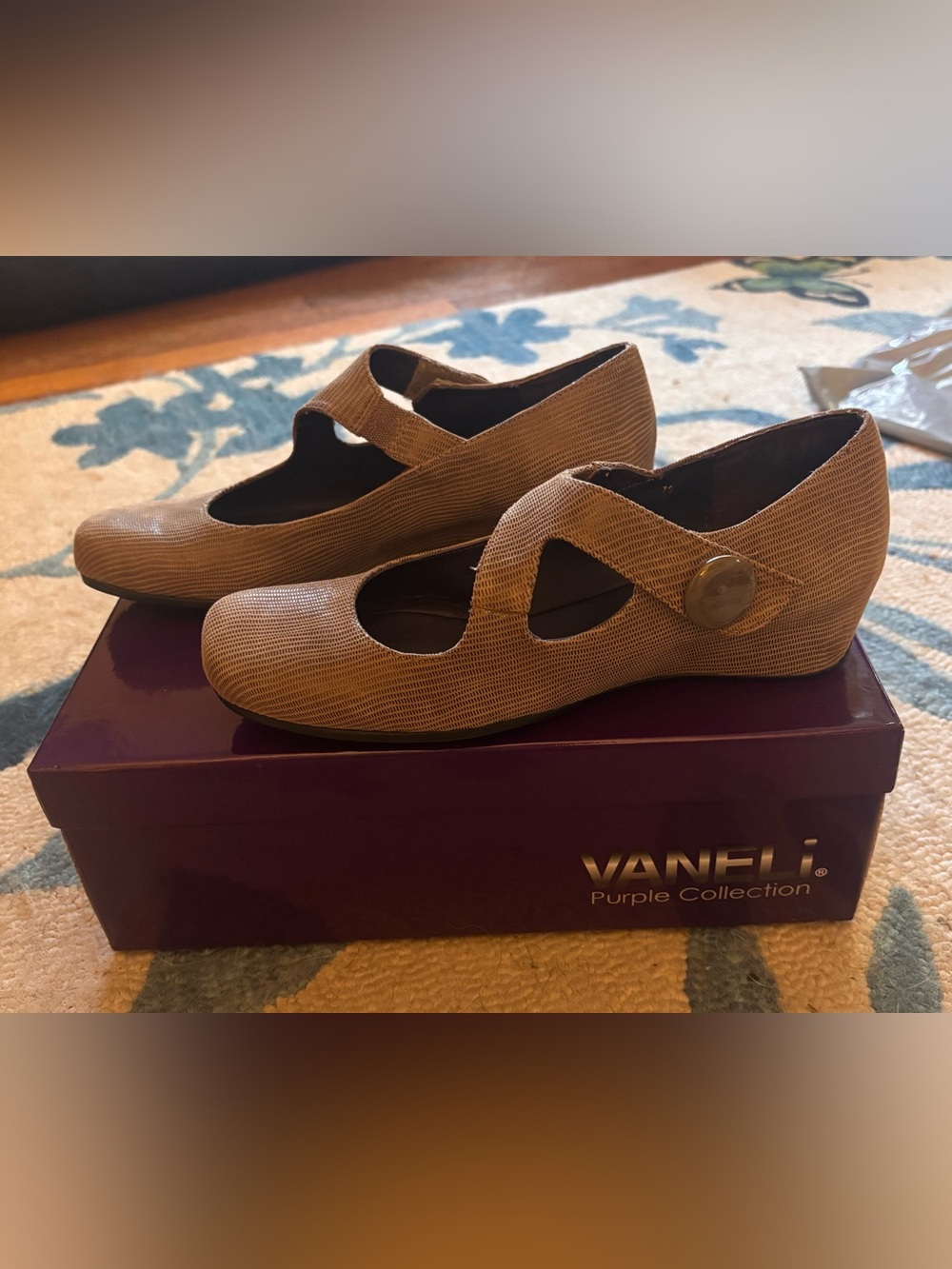Vaneli Tan Mary Jane Wedge Flats with hook and loop closure Size 7S NIB